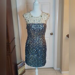 Blue, Green And Silver Sequin Mini Dress